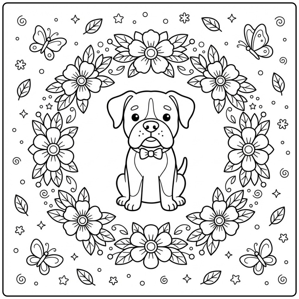 Leuke kleurplaat boxer hond met strikje en bloemenkrans.