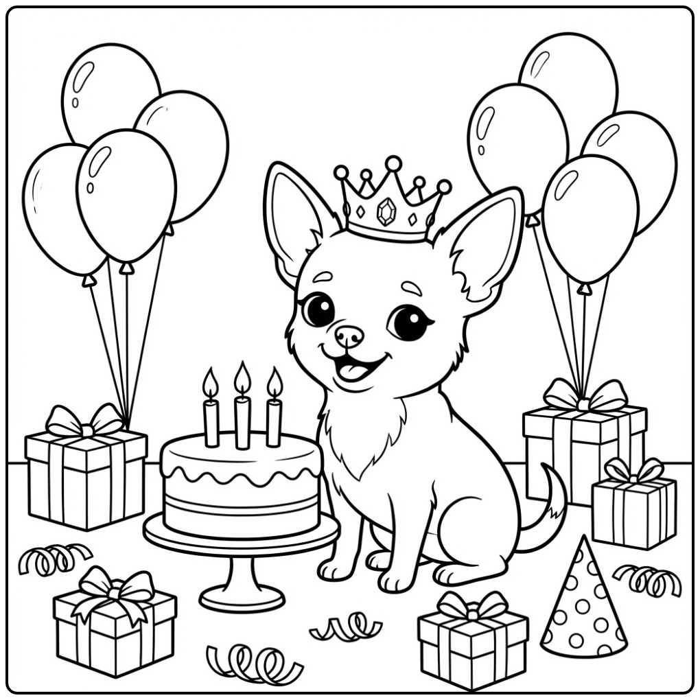 Schattige kleurplaat chihuahua op een verjaardagsfeestje.