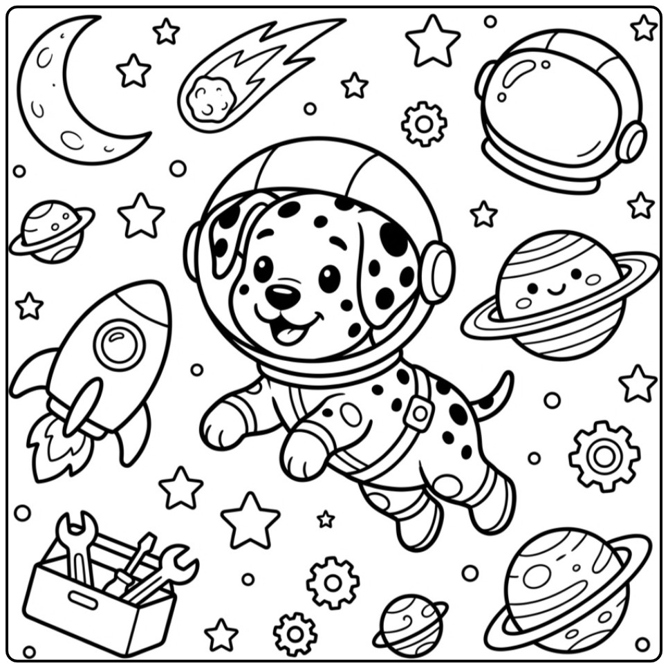 Leuke kleurplaat dalmatier als astronaut in de ruimte.
