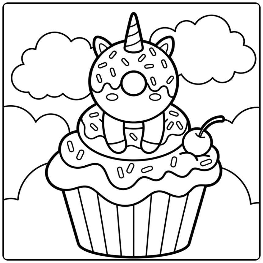 Schattige kleurplaat donut unicorn zittend op een grote cupcake.