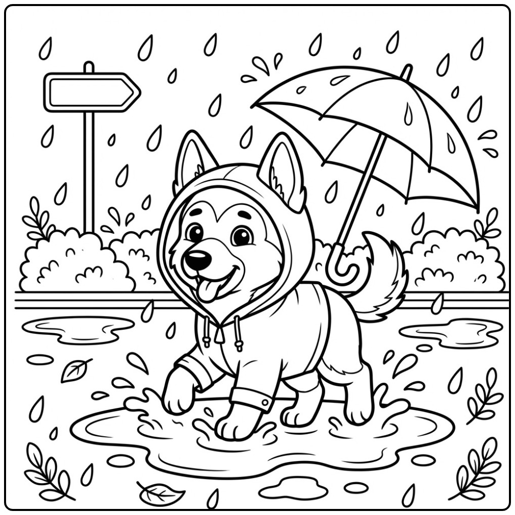 Een vrolijke kleurplaat duitse herder pup met een regenjas.