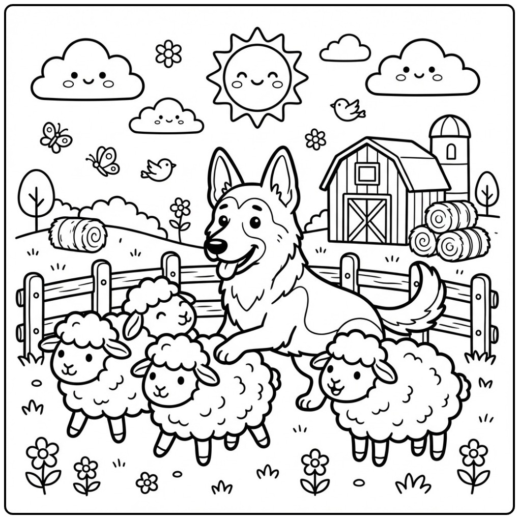 Leuke kleurplaat duitse herder op een zonnige boerderij.