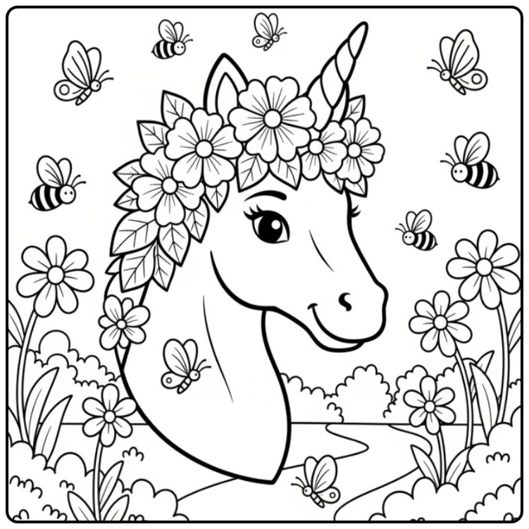 Lieve kleurplaat eenhoorn hoofd met een krans van bloemen.