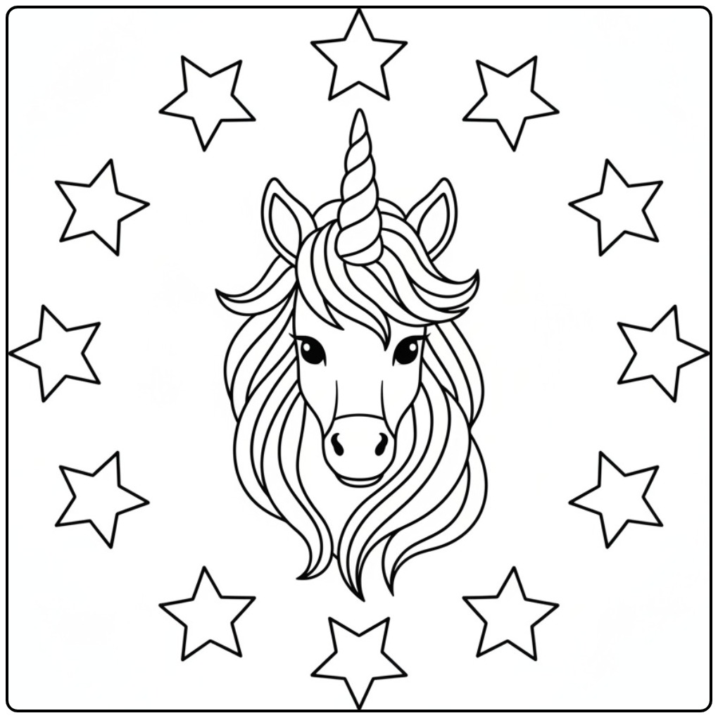 Een magische kleurplaat eenhoorn hoofd omringd door sterren.