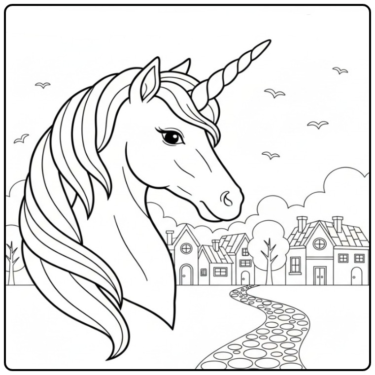 Een mooie kleurplaat eenhoorn hoofd met een dorpje erachter.