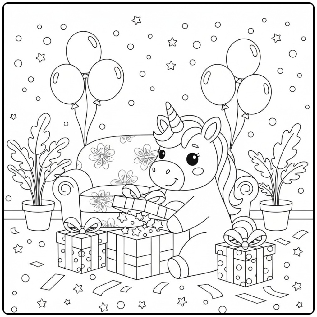 Schattige Kleurplaat eenhoorn met verjaardagscadeaus en ballonnen.