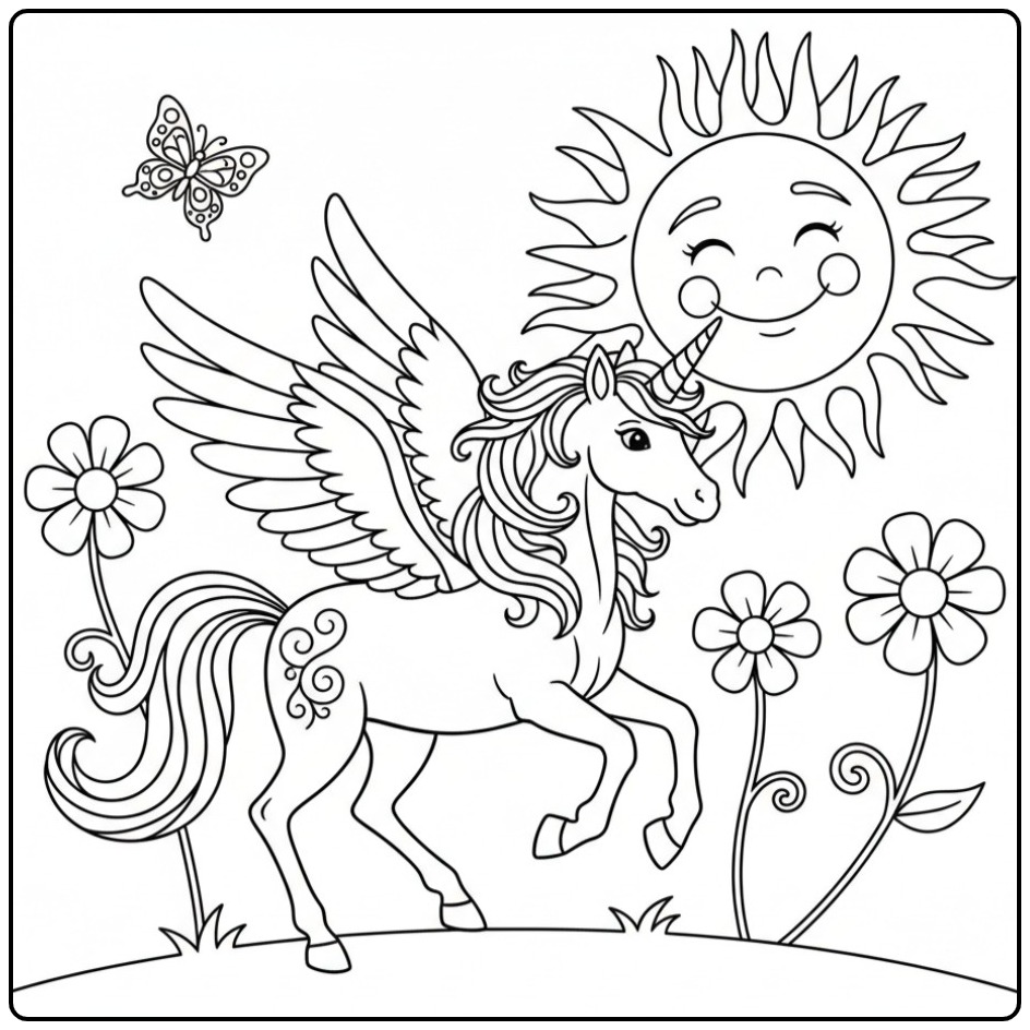 Vrolijke kleurplaat eenhoorn met vleugels en een lachende zon.