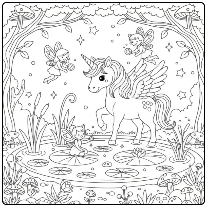 Magische Kleurplaat eenhoorn met vleugels en feeënvriendjes in een bos.