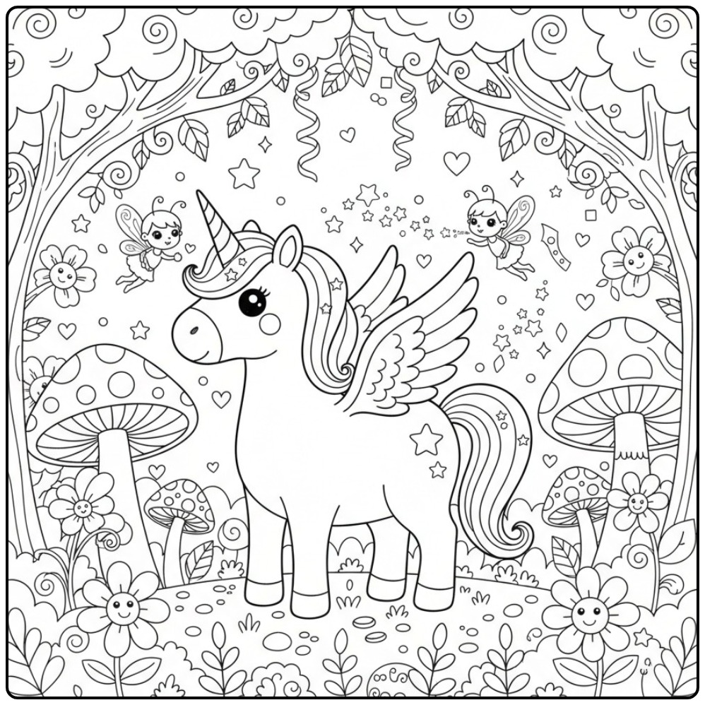 Magische Kleurplaat eenhoorn met vleugels en feeënvriendjes.