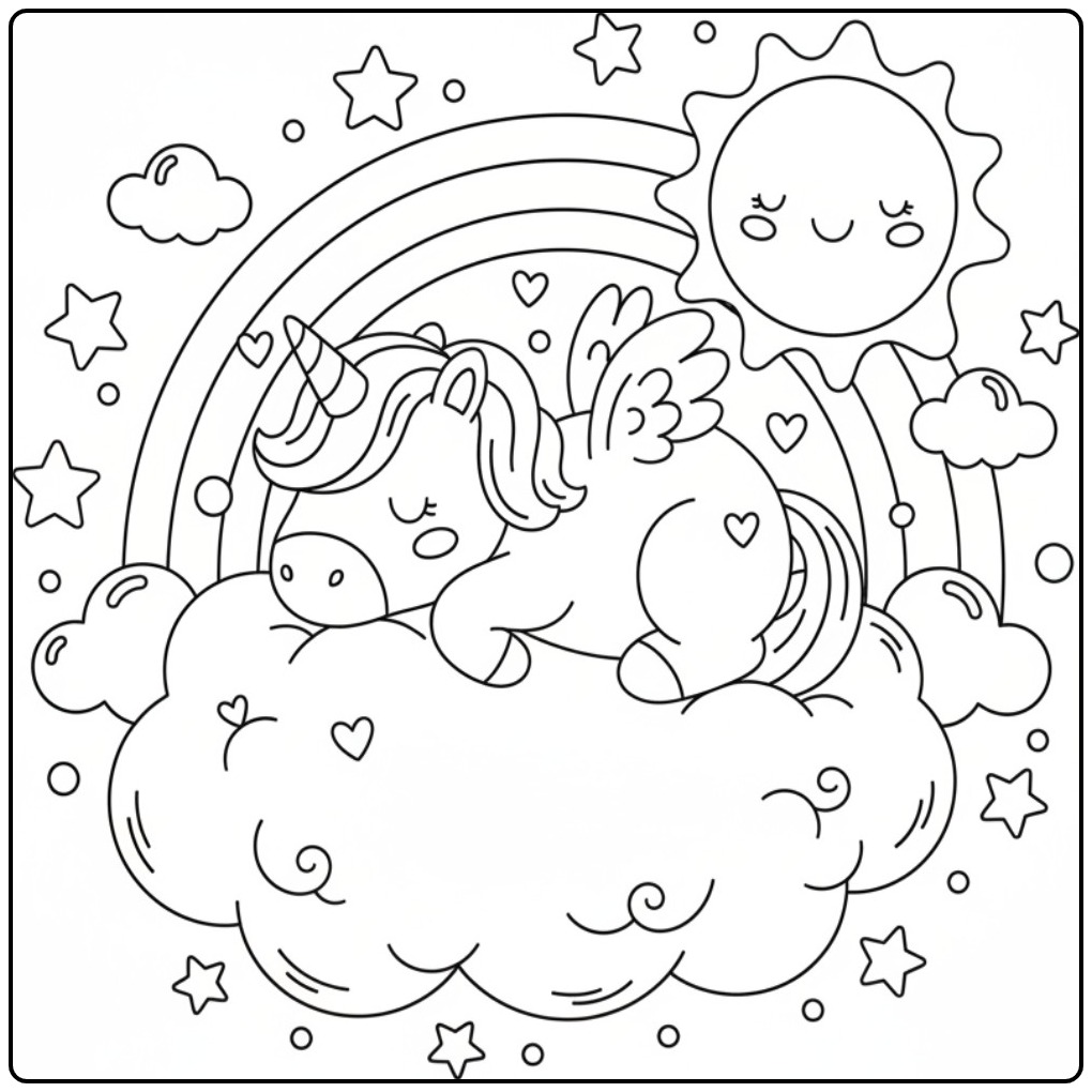 Dromerige Kleurplaat eenhoorn met vleugels en regenboog.