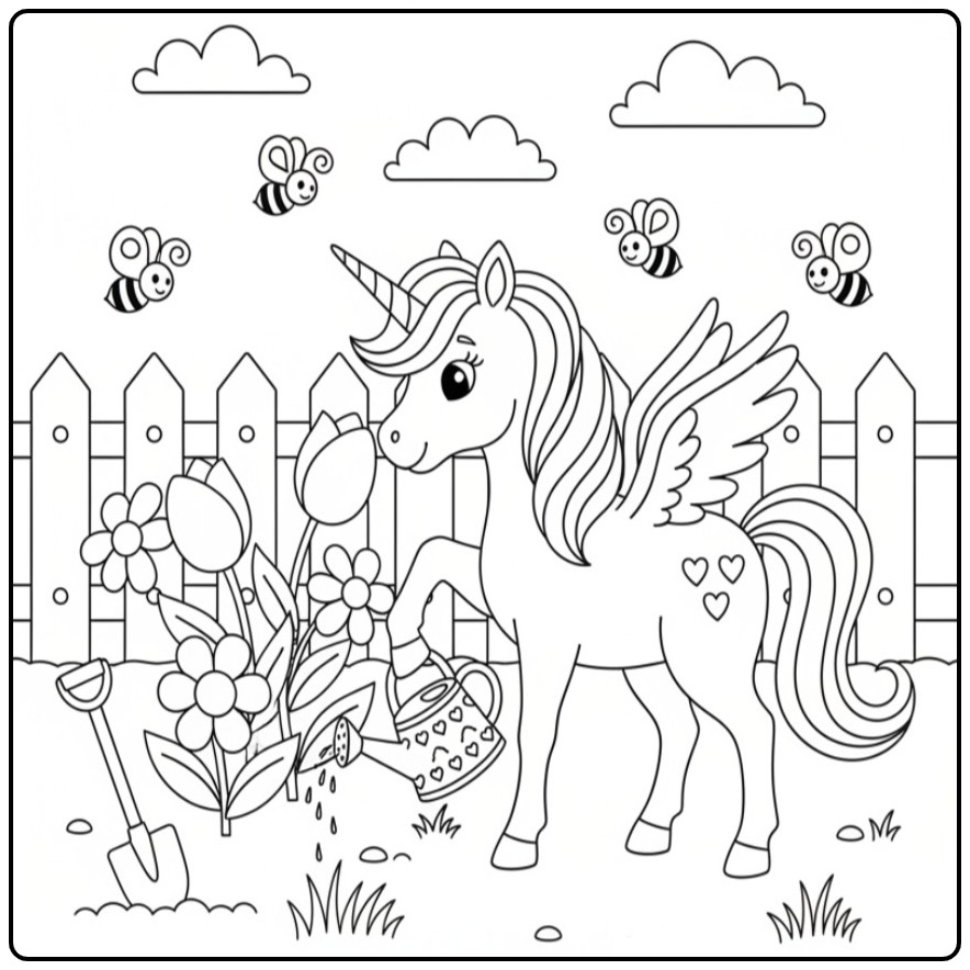 Schattige kleurplaat eenhoorn met vleugels die bloemen water geeft.