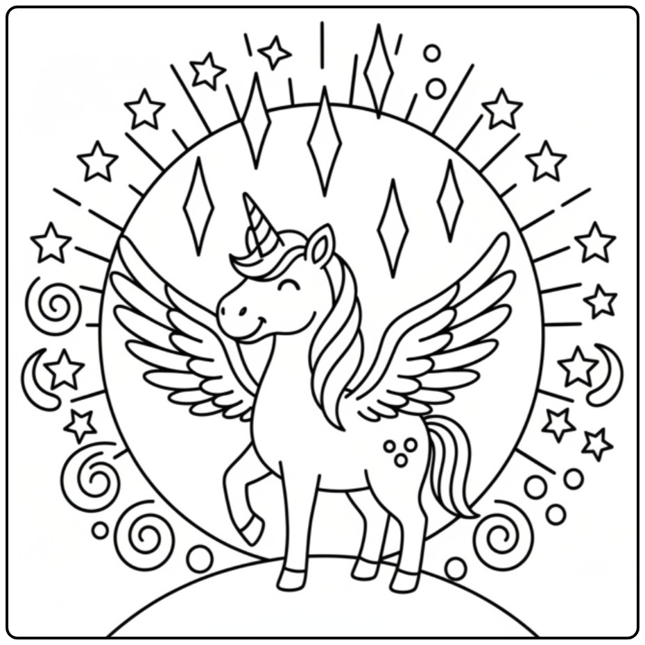 Vrolijke kleurplaat eenhoorn met vleugels en magische sterren.