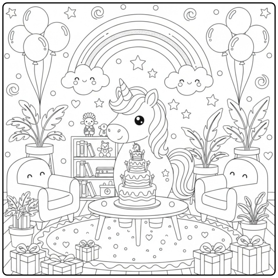 Magische Kleurplaat eenhoorn op een regenboog-verjaardagsfeest.