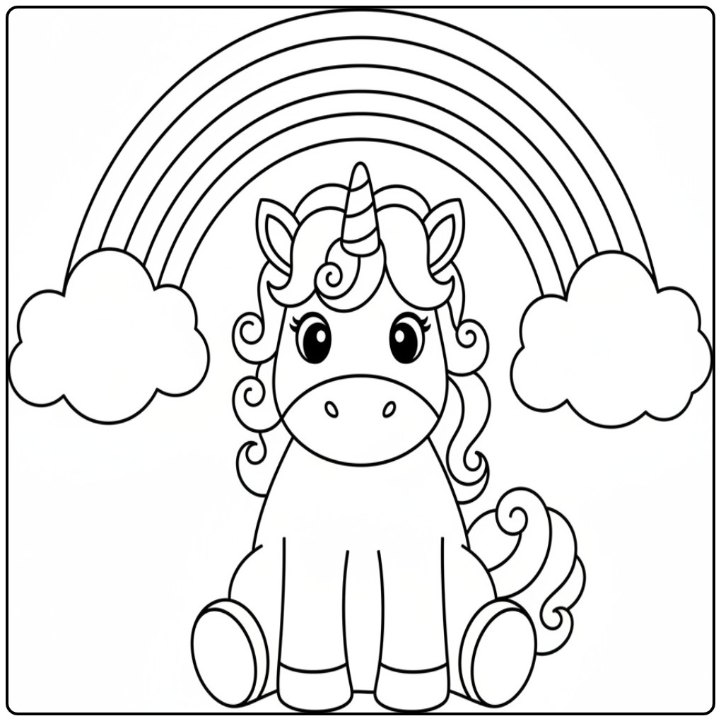 Een leuke kleurplaat eenhoorn schattig zittend onder een regenboog.