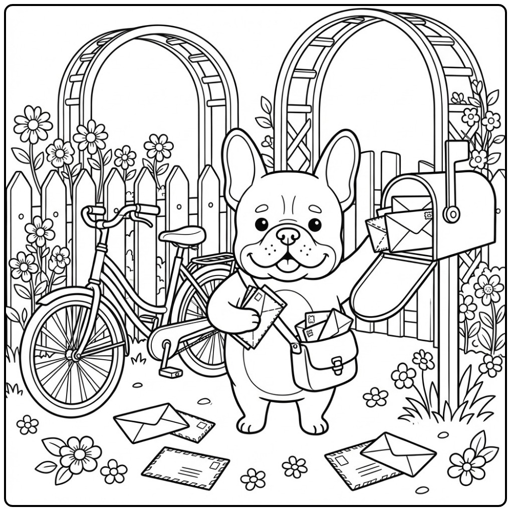 Leuke kleurplaat franse bulldog als postbode met een fiets.