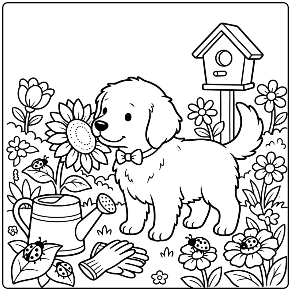 Schattige kleurplaat golden retriever puppy in bloementuin.