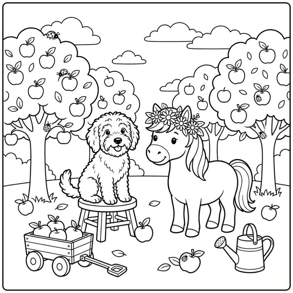 Een schattige kleurplaat hond en paard in een boomgaard.