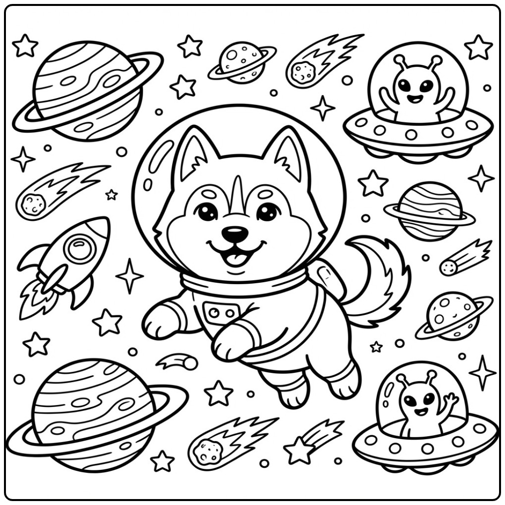 Een schattige kleurplaat husky als astronaut in de ruimte.