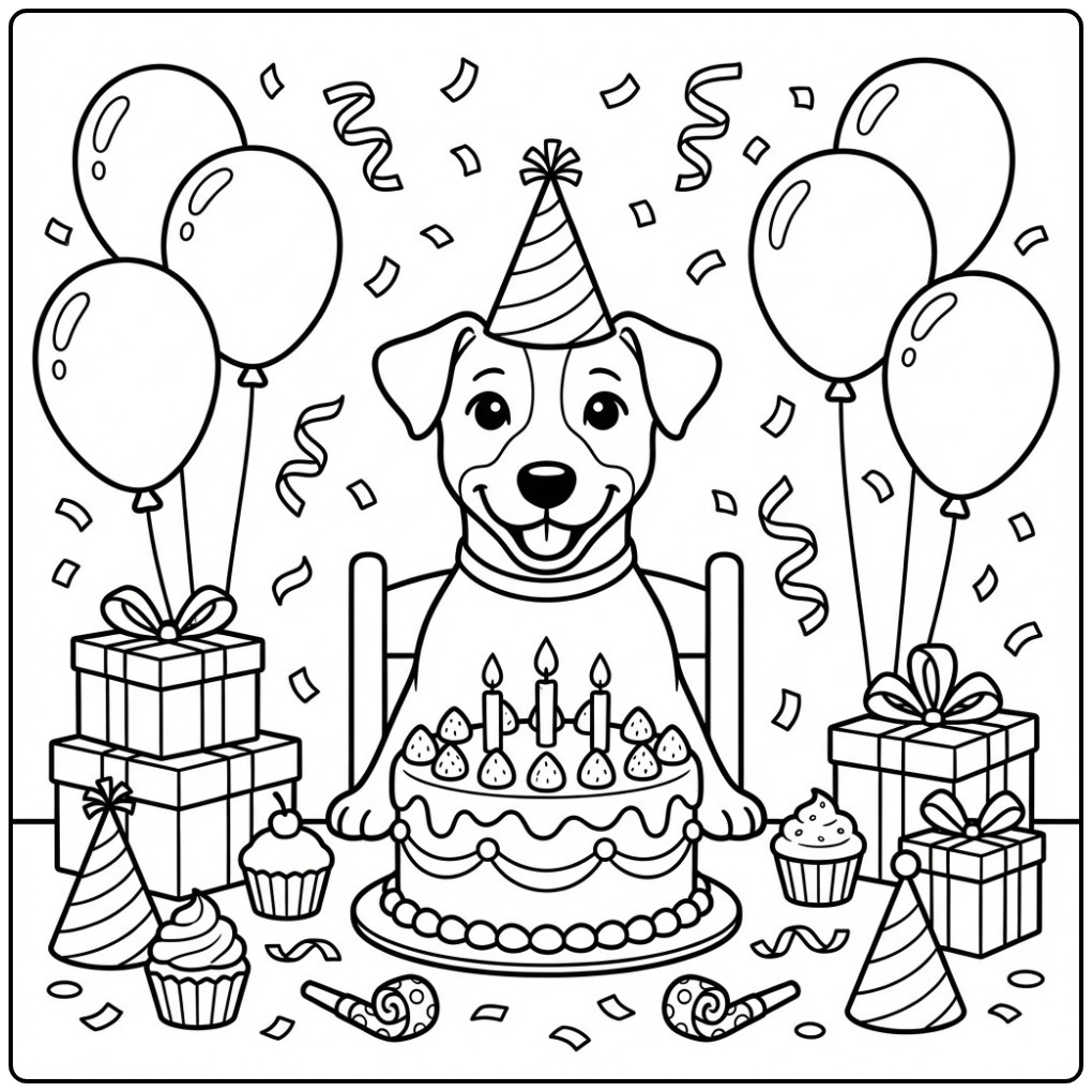 Vrolijke kleurplaat jack russel op een verjaardagsfeestje.