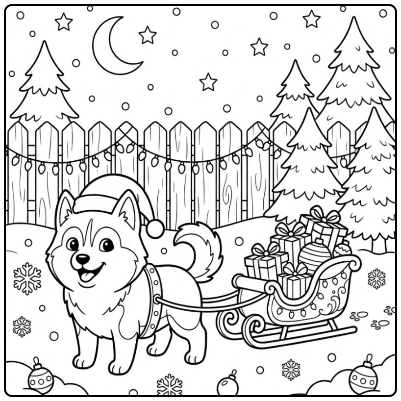 Een schattige kleurplaat kerst hond, een Husky met een slee.