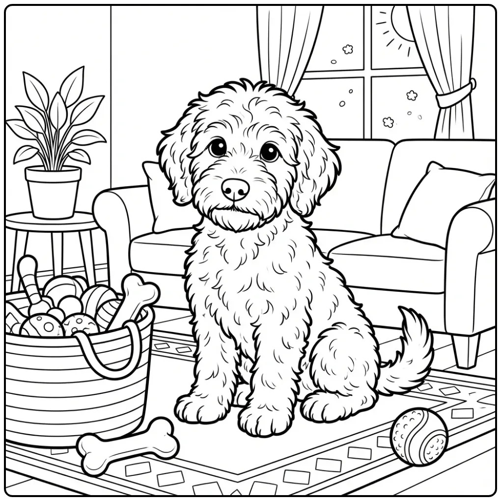 Een schattige kleurplaat labradoodle puppy in de woonkamer.