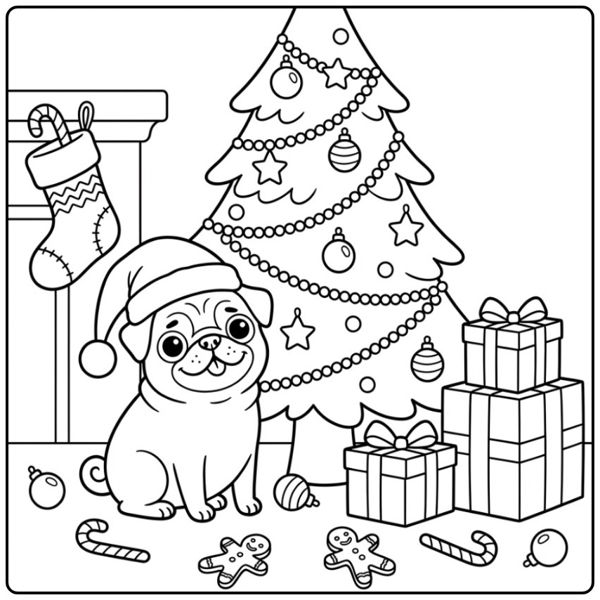 Vrolijke kerstmis kleurplaat mopshond met kerstmuts en boom.