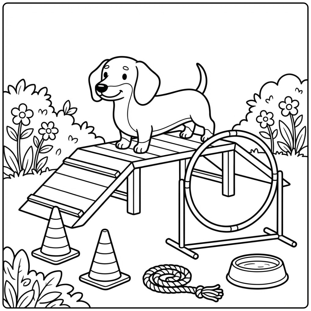 Een vrolijke kleurplaat teckel op een behendigheidsparcours.