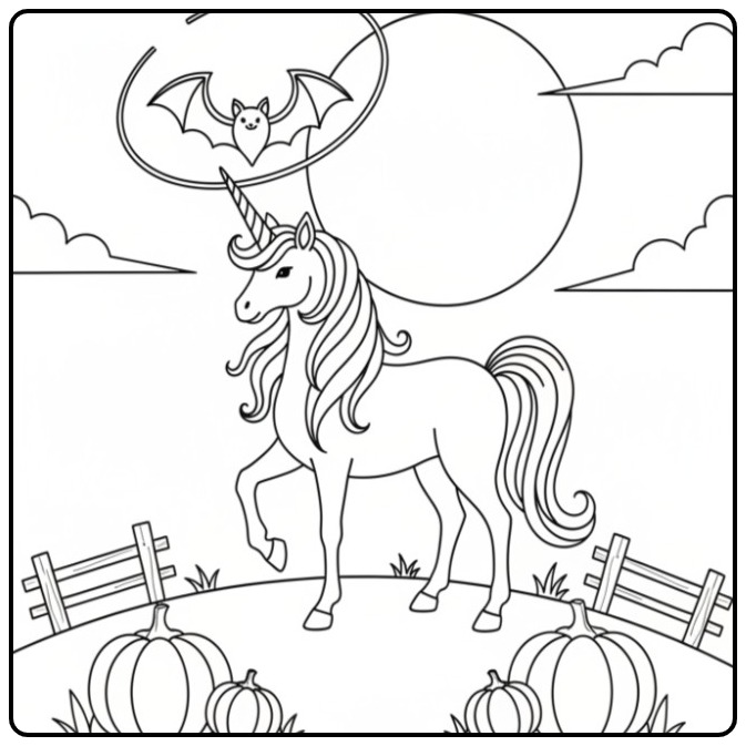 Schattige Kleurplaat unicorn en vleermuis voor Halloween scene.