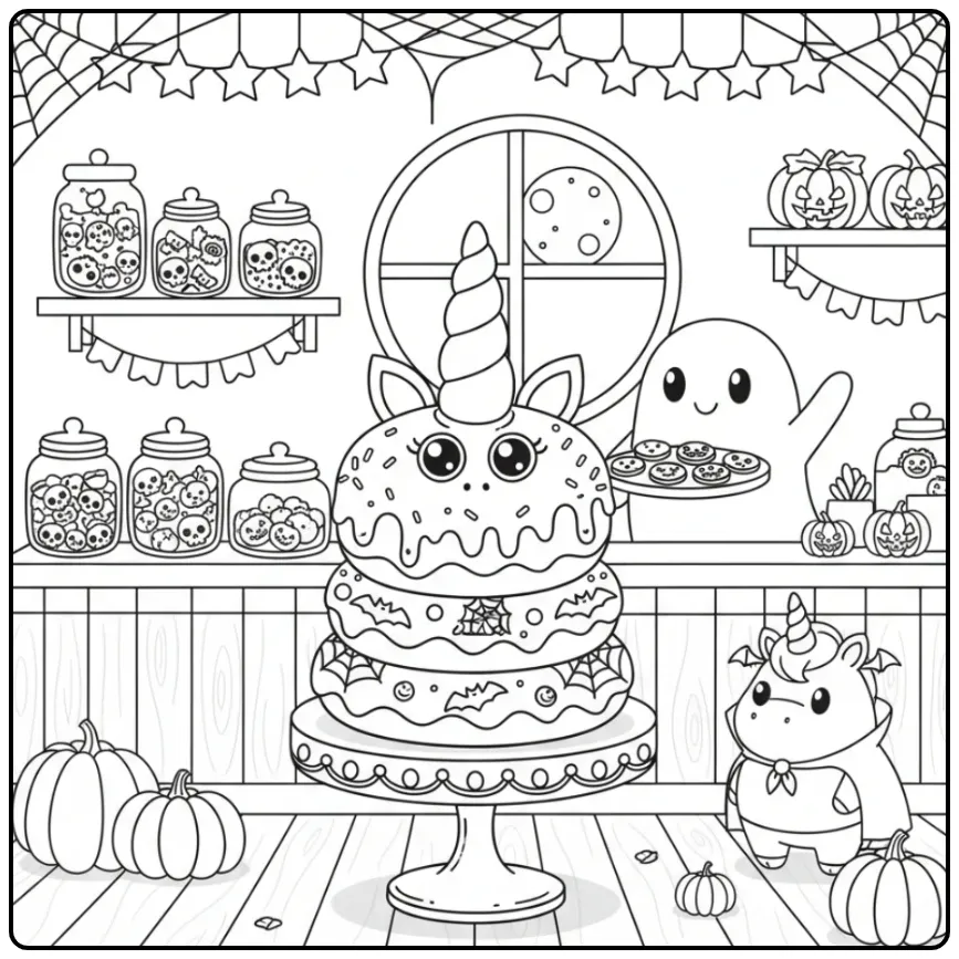 Schattige Kleurplaat unicorn halloween taart met een spookje.
