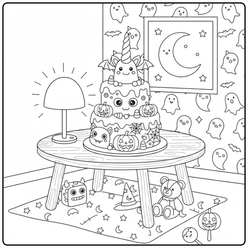 Griezelige Kleurplaat unicorn halloween taart met pompoenen.