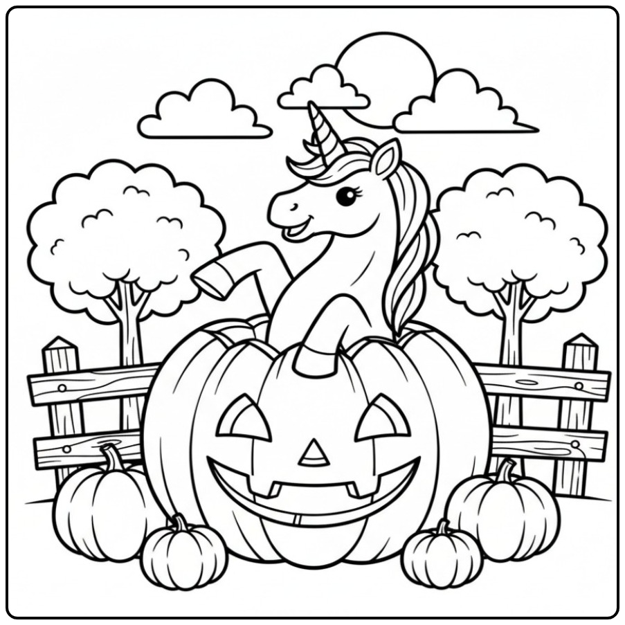 Vrolijke Kleurplaat unicorn met pompoen voor Halloween scène.
