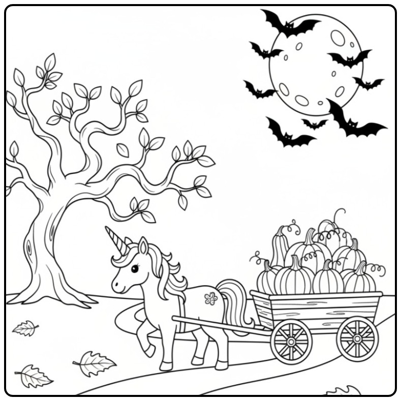 Leuke Kleurplaat unicorn met pompoen voor Halloween en vleermuizen.