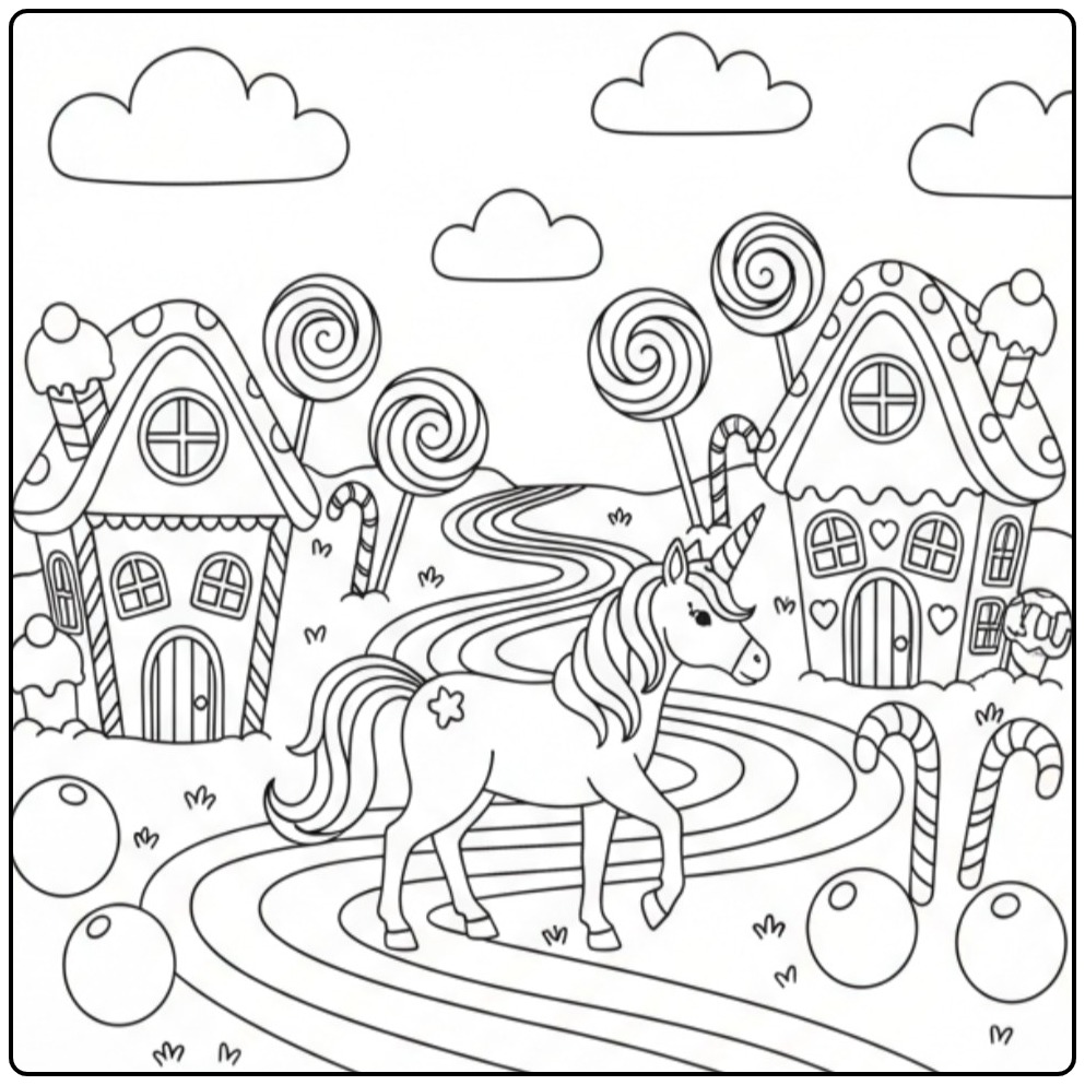 Een schattige kleurplaat unicorn regenboog in een snoepland.
