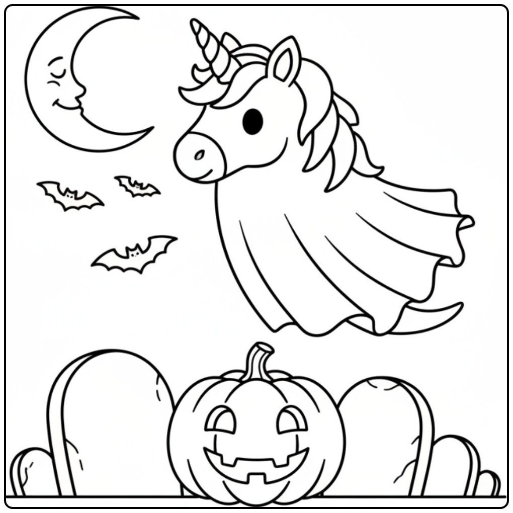 Een schattige Kleurplaat unicorn spook voor Halloween met pompoen.