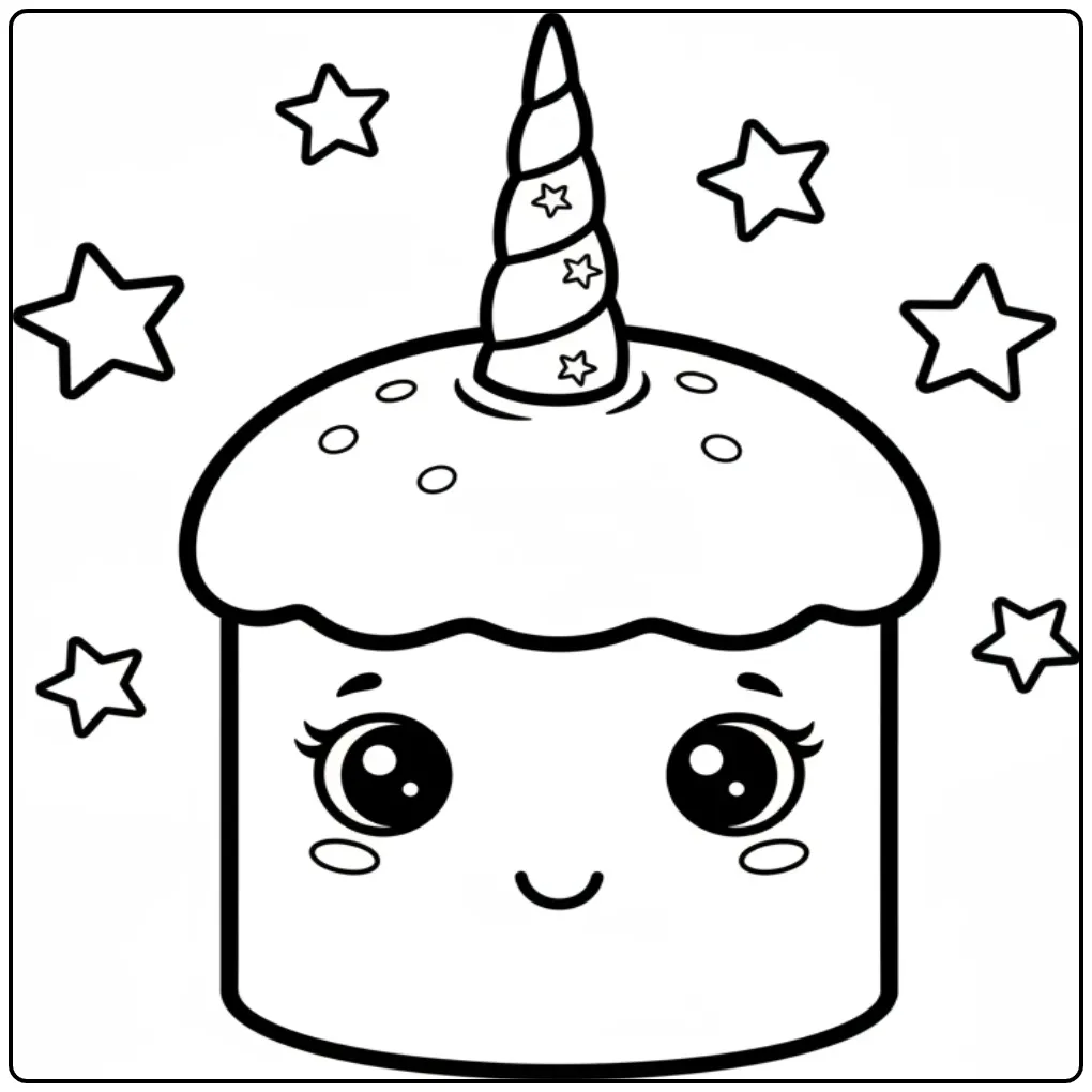 Een vrolijke kleurplaat unicorn taart met sterren eromheen.