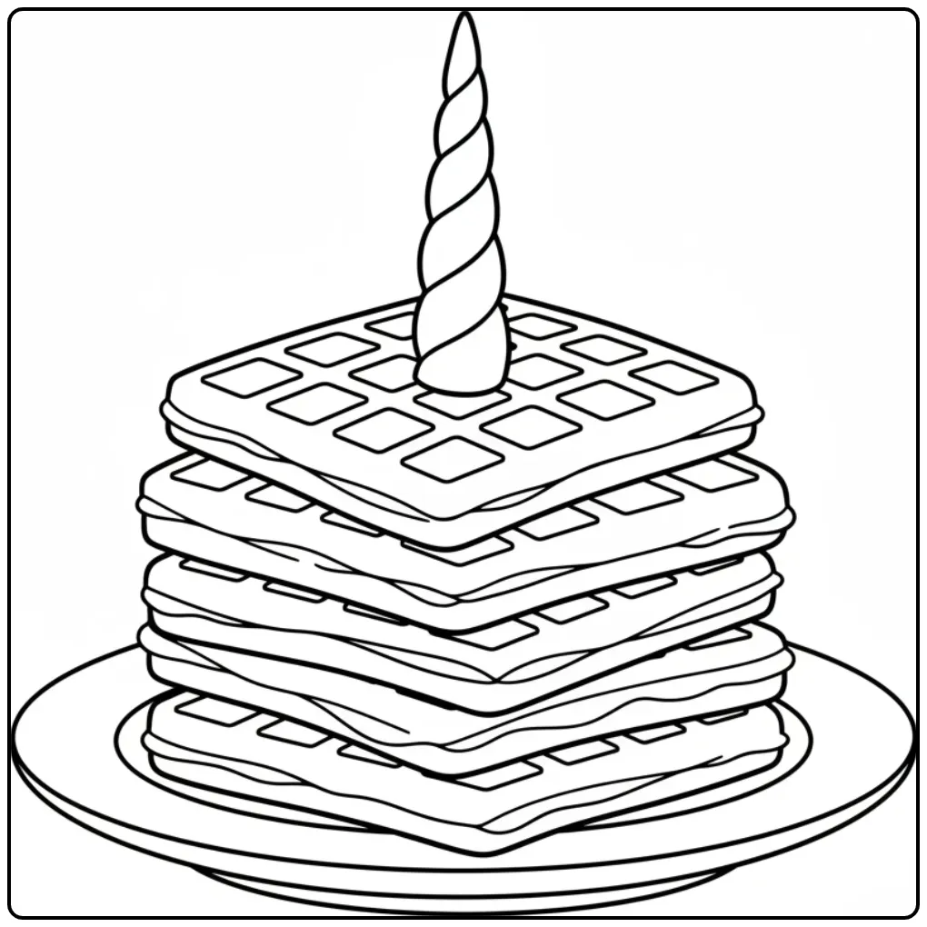 Een magische kleurplaat unicorn taart met een grote wafel.