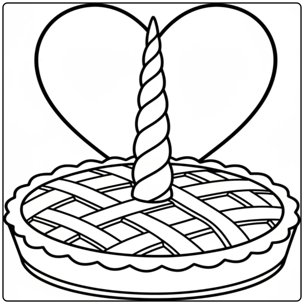 Een magische kleurplaat unicorn taart met een hartje erachter.