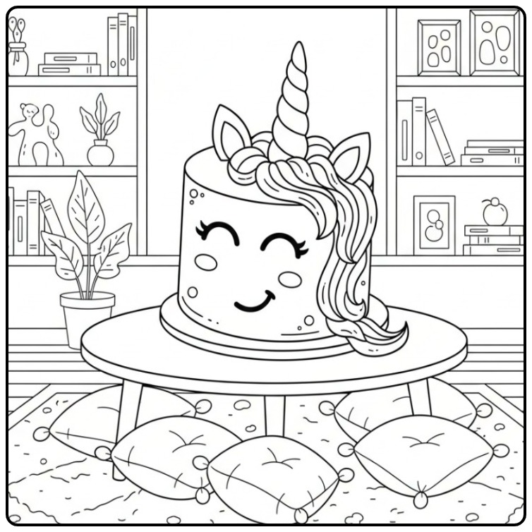Een schattige kleurplaat unicorn taart in een gezellige kamer.