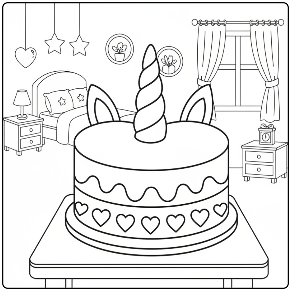 Mooie Kleurplaat unicorn taart met hartjes in een slaapkamer.