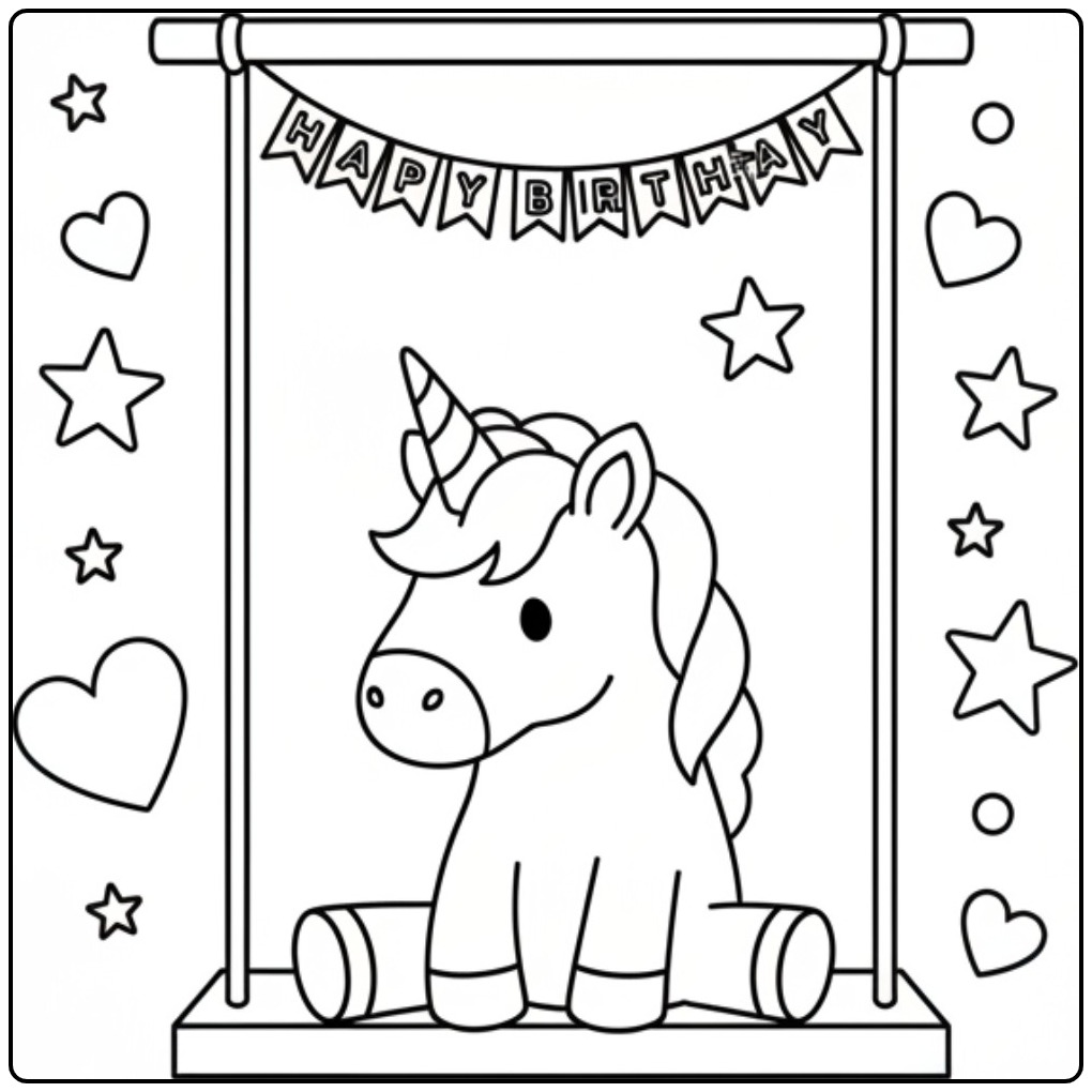 Schattige zittende eenhoorn kleurplaat unicorn verjaardag.