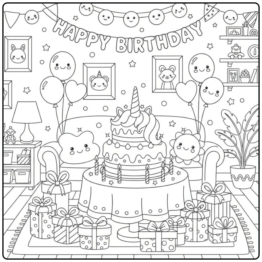 Kawaii scène Kleurplaat unicorn verjaardags taart met ballonnen.