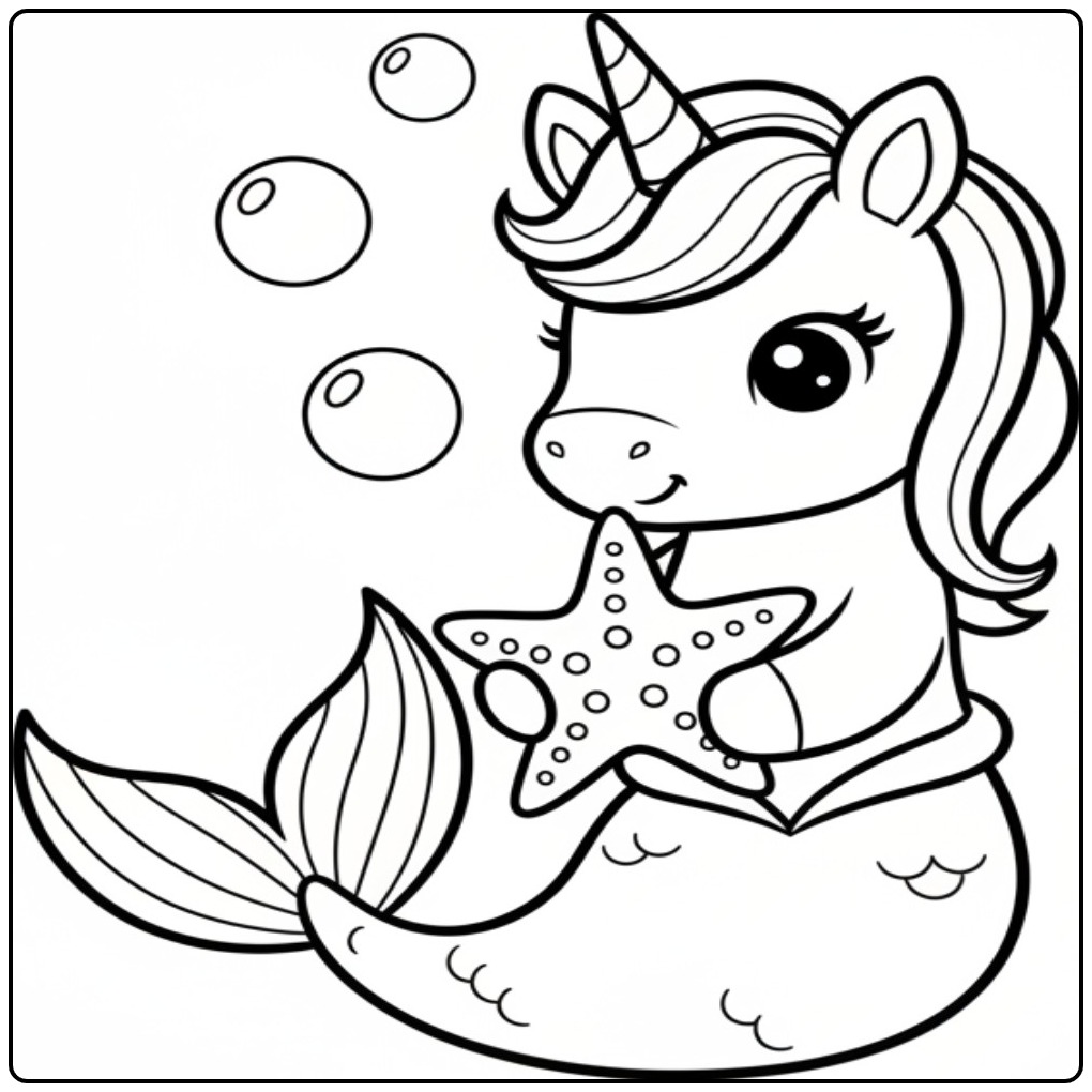 Een leuke kleurplaat unicorn zeemeermin met een grote zeester.