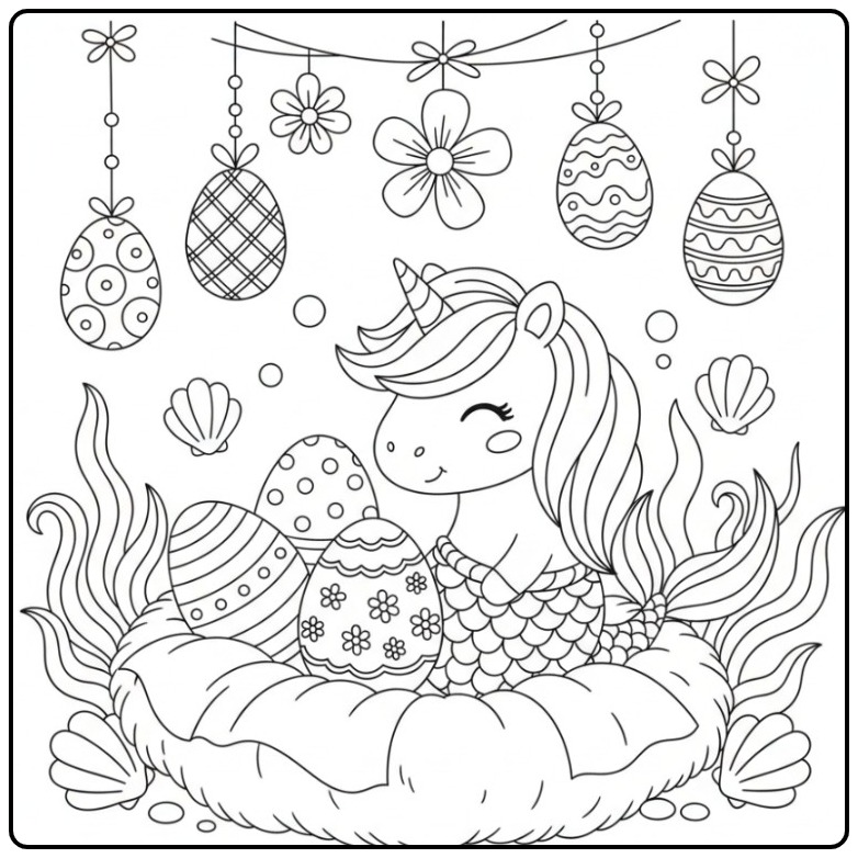 Schattige Kleurplaat unicorn zeemeermin met eieren paas in de zee.