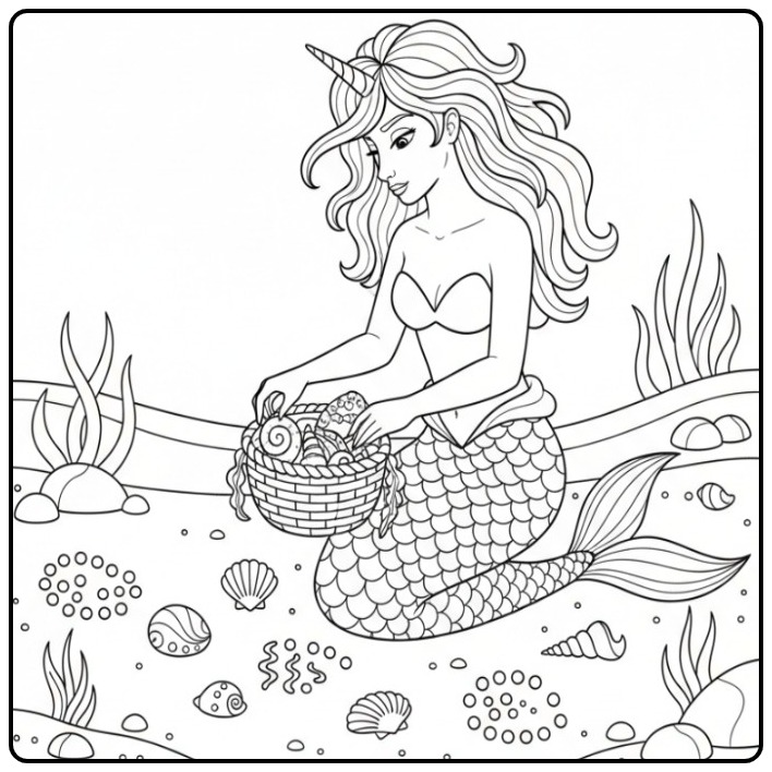 Een magische kleurplaat unicorn zeemeermin met een mand vol schelpen.