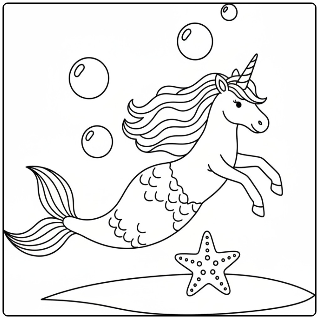 Een leuke kleurplaat unicorn zeemeermin die onder water zwemt.