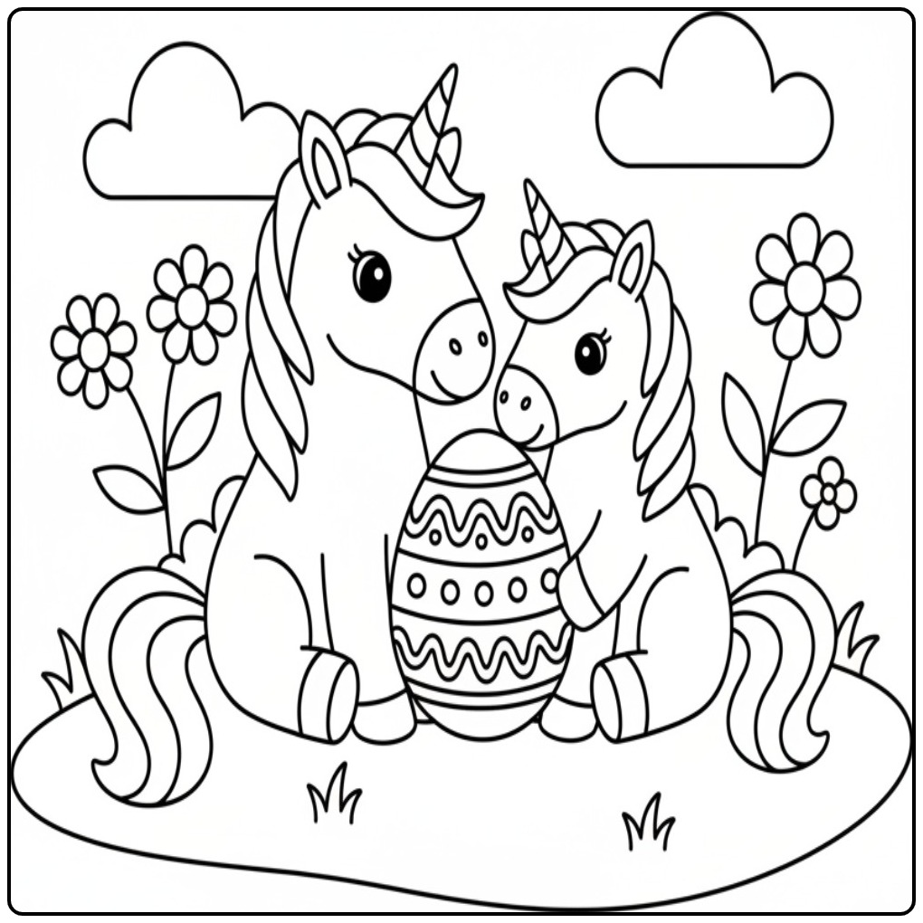 Eenhoorn Pasen kleurplaat met familie, eieren en bloemen Kleurplaat unicorn Pasen met familie