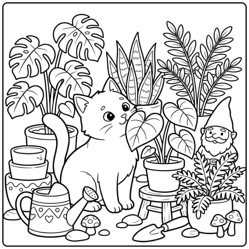 Schattige kat kleurplaat snuffelend aan planten en een kabouter.