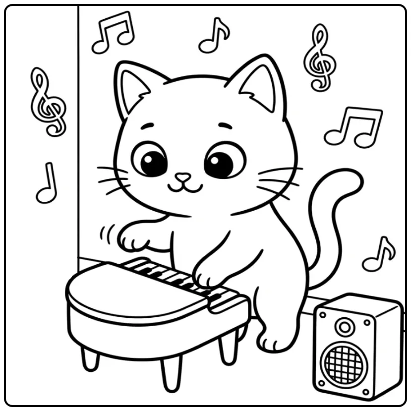 Muzikale schattige kat kleurplaat met piano en muzieknoten.