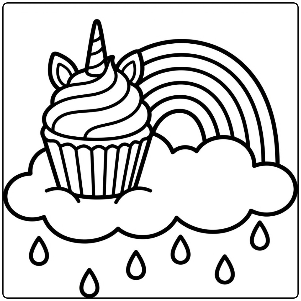 Leuke unicorn cupcake kleurplaat op een regenwolk met regenboog.