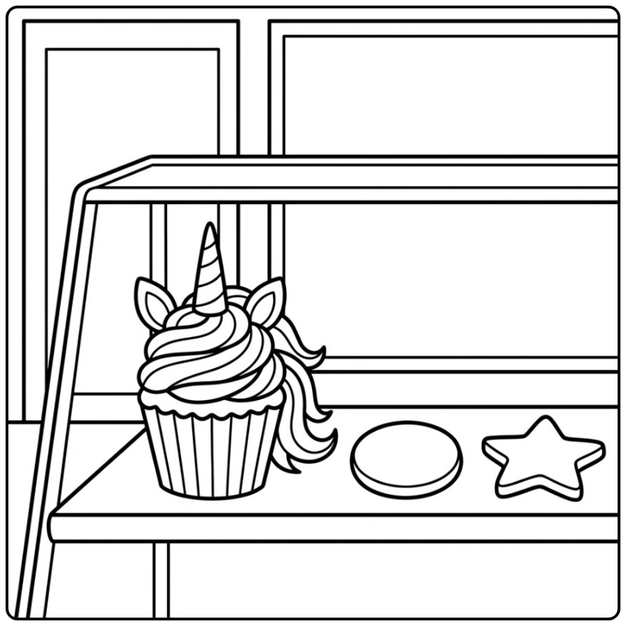 Een magische unicorn cupcake kleurplaat op een plank in een winkel.